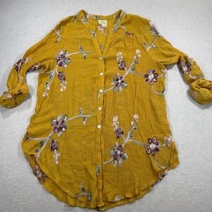 Fig and Flower Tunic Blouse Womens XL Mustard Yellow Floral Embroidered